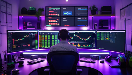 Back view of male trader sitting at desk and looking at computer monitors with stock market data.の素材