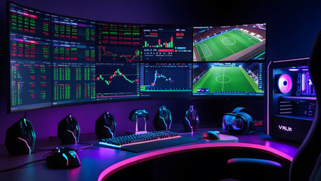 3D rendering of a modern professional gamer workspace with a lot of monitors, computer keyboard, mouse, headphones and microphone.の素材