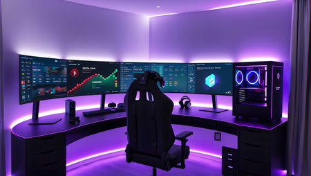 3D rendering of a professional gamer workspace with computer monitors and a chairの素材