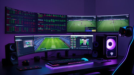 3D rendering of a live soccer match on a computer screen with monitorsの素材