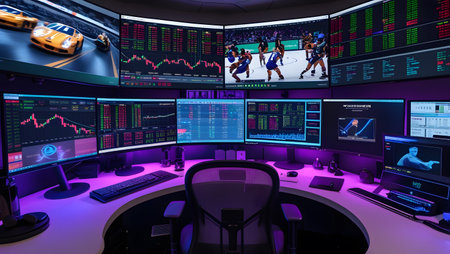 Stock exchange trading room interior with computer monitors. 3D rendering.の素材