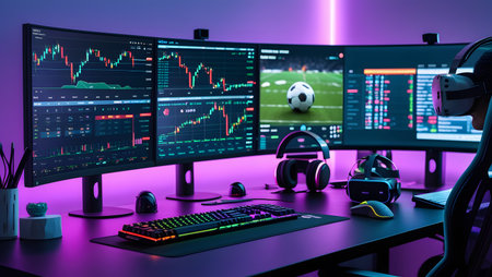 3d rendering of a gamer workspace with computer monitors and gaming equipment.の素材