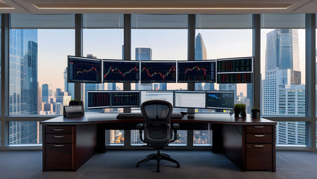 3D rendering of a modern office interior with stock market data on monitorの素材