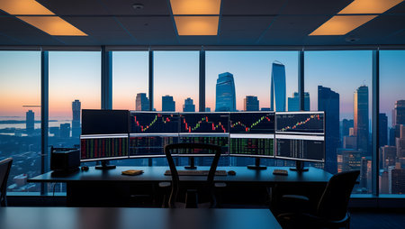 Modern conference room interior with stock market chart on the screen. 3D Renderingの素材