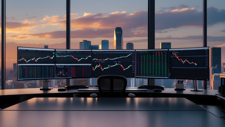 Computer monitors with stock market data on the screen. 3d renderingの素材
