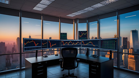 Modern office interior and stock market chart on the wall. 3D renderingの素材