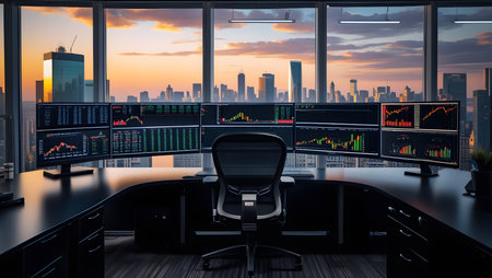 Office interior with city view and stock market chart. 3D renderingの素材