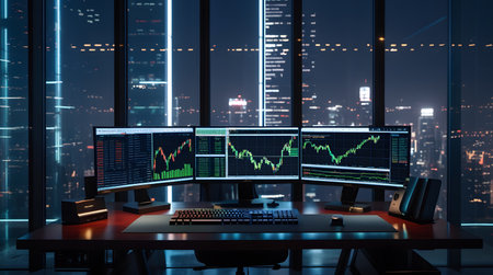 Modern office interior with night city view and stock market graphs. 3D Renderingの素材
