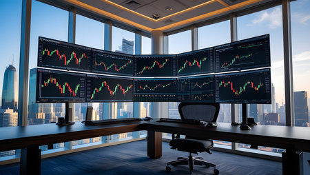 Stock market data on monitor in modern office interior. 3D renderingの素材