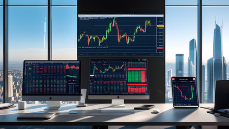 View of a Stock exchange trading data displayed on a modern computer monitorの素材