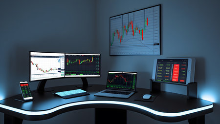 Computer monitors with stock market data on the table. 3d rendering.の素材