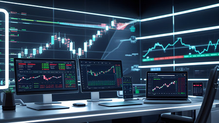 3d rendering of stock market data on computer monitor with trading graph backgroundの素材
