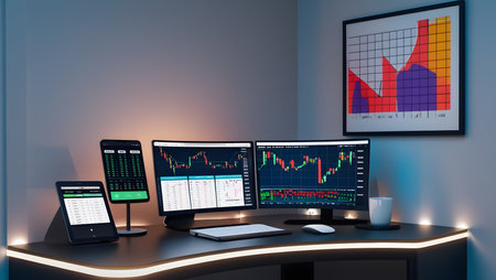 Modern office interior with computer monitors and mobile phone. 3d renderingの素材