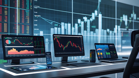 Modern computer monitors with stock market data on screen. 3D renderingの素材