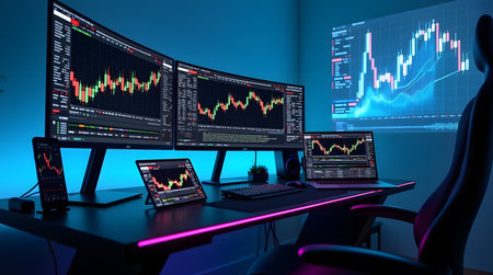 3d rendering of computer monitor with stock market data on the screenの素材
