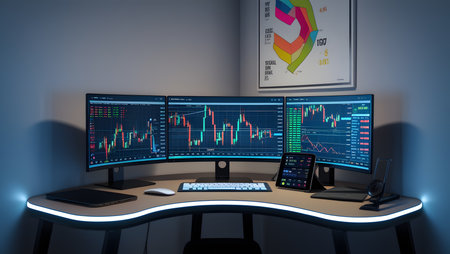 3d rendering of a computer room with stock market chart on screenの素材