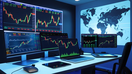 Modern computer screens with stock market graphs and charts. 3D renderingの素材
