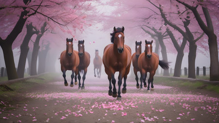 Horse race in cherry blossom season,3d render.の素材