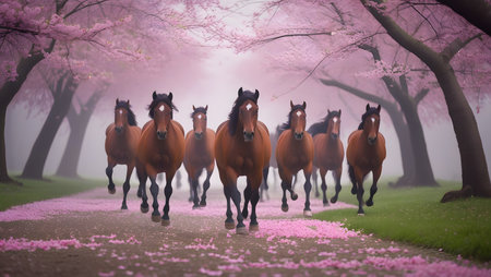 Horses run gallop in the park with pink sakura flowersの素材