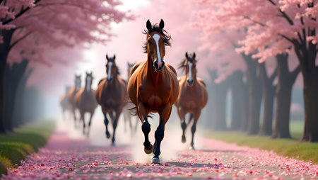 Horse and cherry blossoms in the park, 3d renderの素材