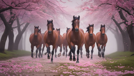 Horse run gallop in sakura forest. 3D renderingの素材