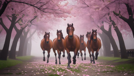 Horses in a misty forest with pink cherry blossoms.の素材