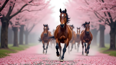 Horse run gallop in spring blooming garden with cherry blossomsの素材