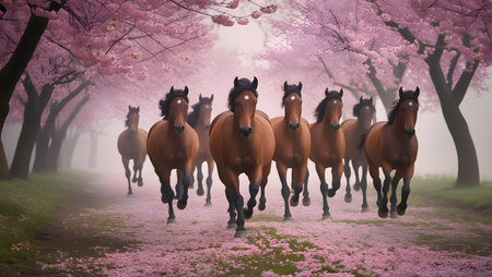 Horses run gallop in pink cherry blossom garden. 3D renderingの素材