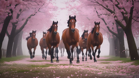 Horses running in blooming spring garden with pink sakura flowersの素材