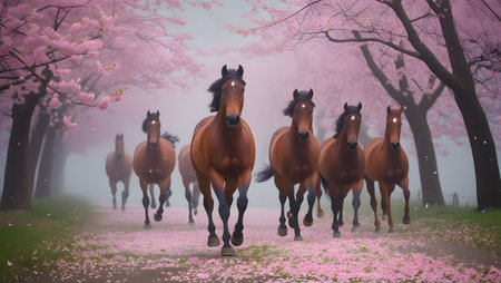Horses and cherry blossom in a foggy spring day.の素材