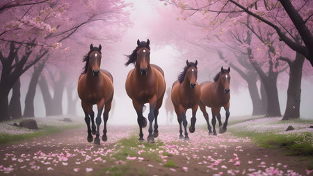 Three horses walking in the spring forest with cherry blossoms and fogの素材