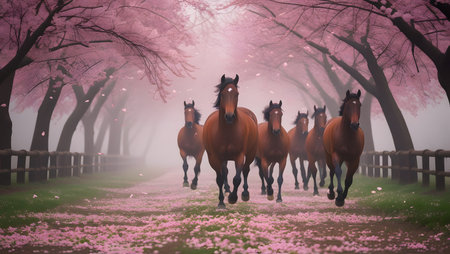 Horses running in the pink cherry blossoms. 3D renderingの素材