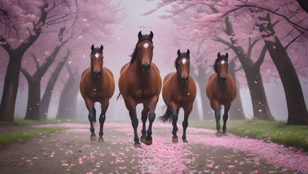 Three horses walking in the spring forest with cherry blossoms. 3d renderingの素材