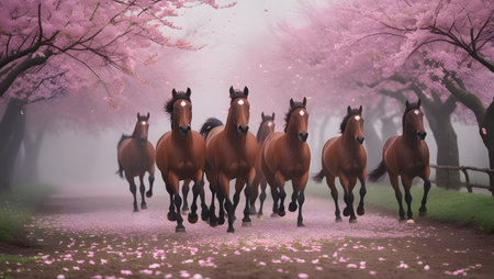 Horses in the spring cherry blossom forest. 3d renderingの素材
