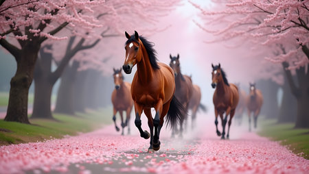 Horse in blooming cherry tree forest. 3D Renderingの素材