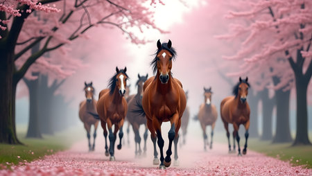 Horses in a blooming spring forest. 3D rendering.の素材