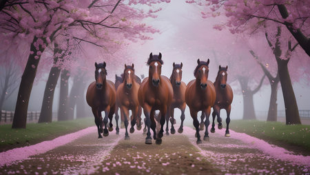 3d rendering of horses in a misty park with pink flowersの素材