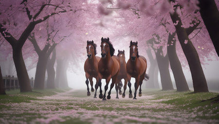 Three horses running in a blooming cherry tree alley. 3d renderingの素材