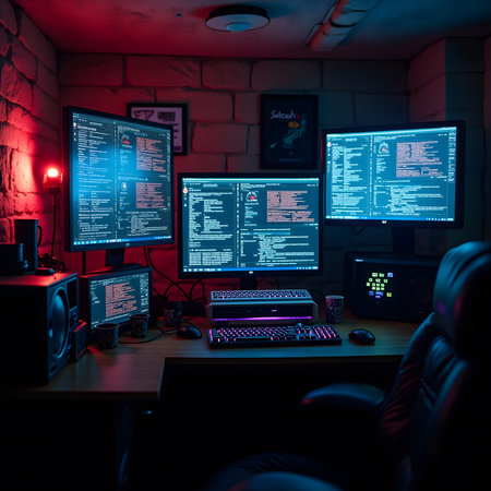 Computer room with a lot of computers and monitors in a dark roomの素材