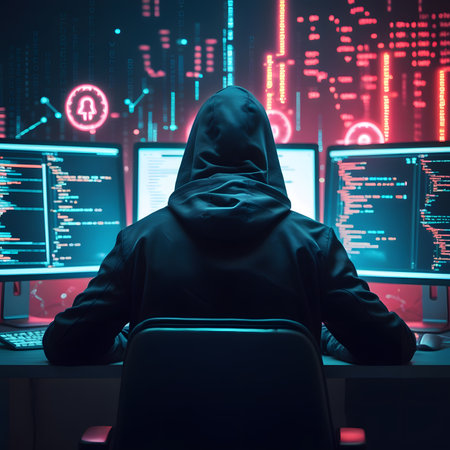 Hacker in hoodie sitting in front of computer screens with binary codeの素材