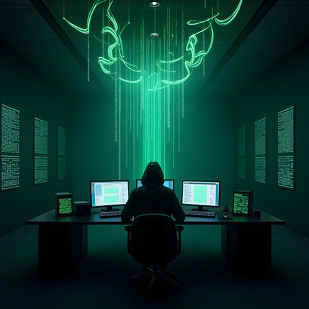 A hacker in a dark room with computer monitors and binary code.の素材