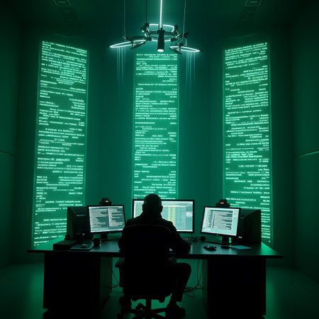 Silhouette of a hacker in a computer room. Cyber attack conceptの素材