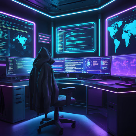 Hooded hacker in a dark room with computers. 3d renderingの素材