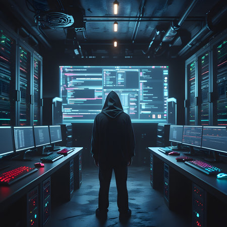Hacker in dark server room with computers. Hacking concept. 3D Renderingの素材
