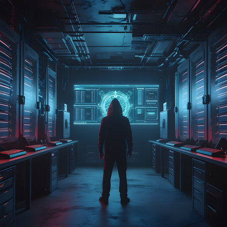 Hacker in dark server room with glowing lights. Hacking concept. 3D Renderingの素材