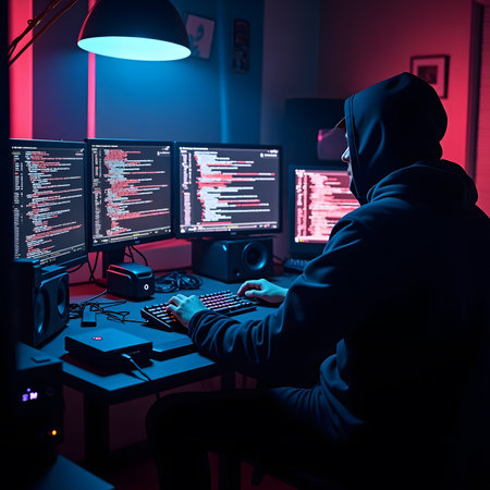 Hacker in a dark room with computers. Cybercrime concept.の素材