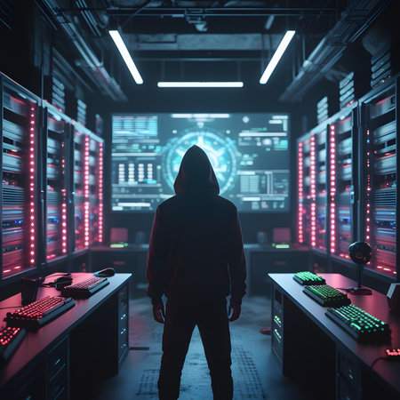 Hooded hacker in dark server room interior. 3D Renderingの素材