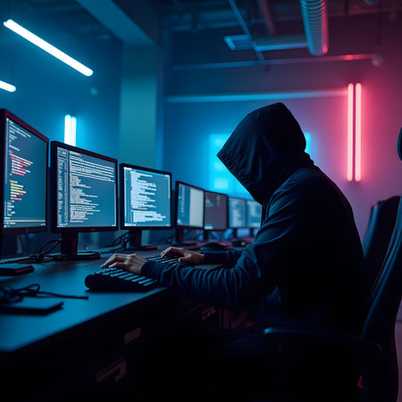 Hacker in a dark room with computers. Cybercrime concept.の素材