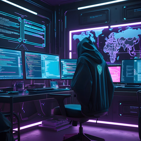 Hooded hacker sitting in front of computer screens in a dark room with neon lights. 3D rendering.の素材