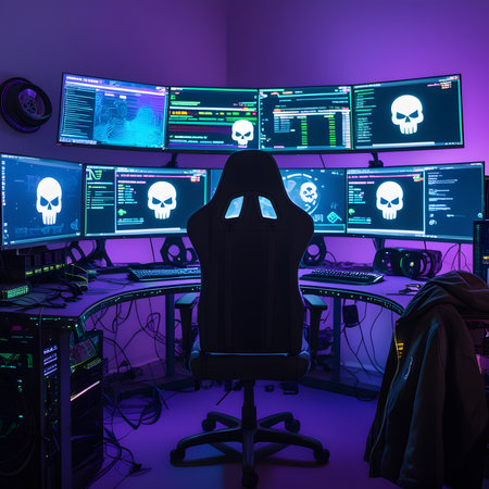 Hooded hacker in a dark room with computers. 3d renderingの素材